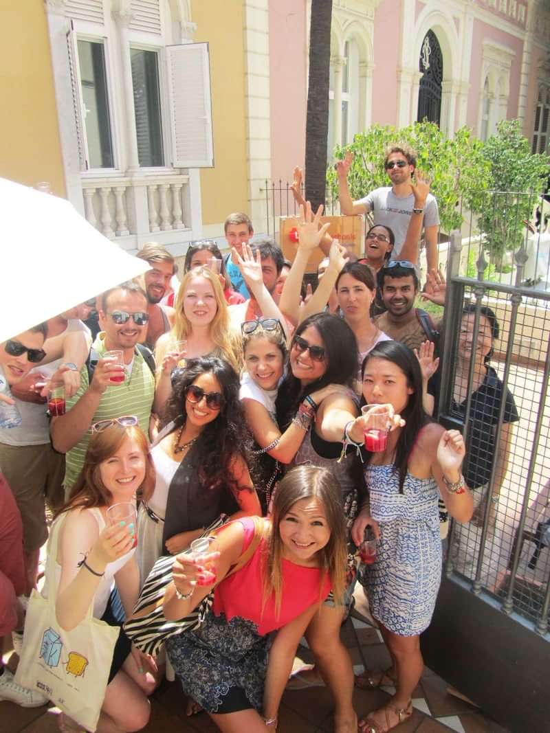 Group of international students socializing during a language immersion trip.