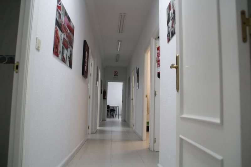 Hallway in a language school with classroom doors and colorful posters.