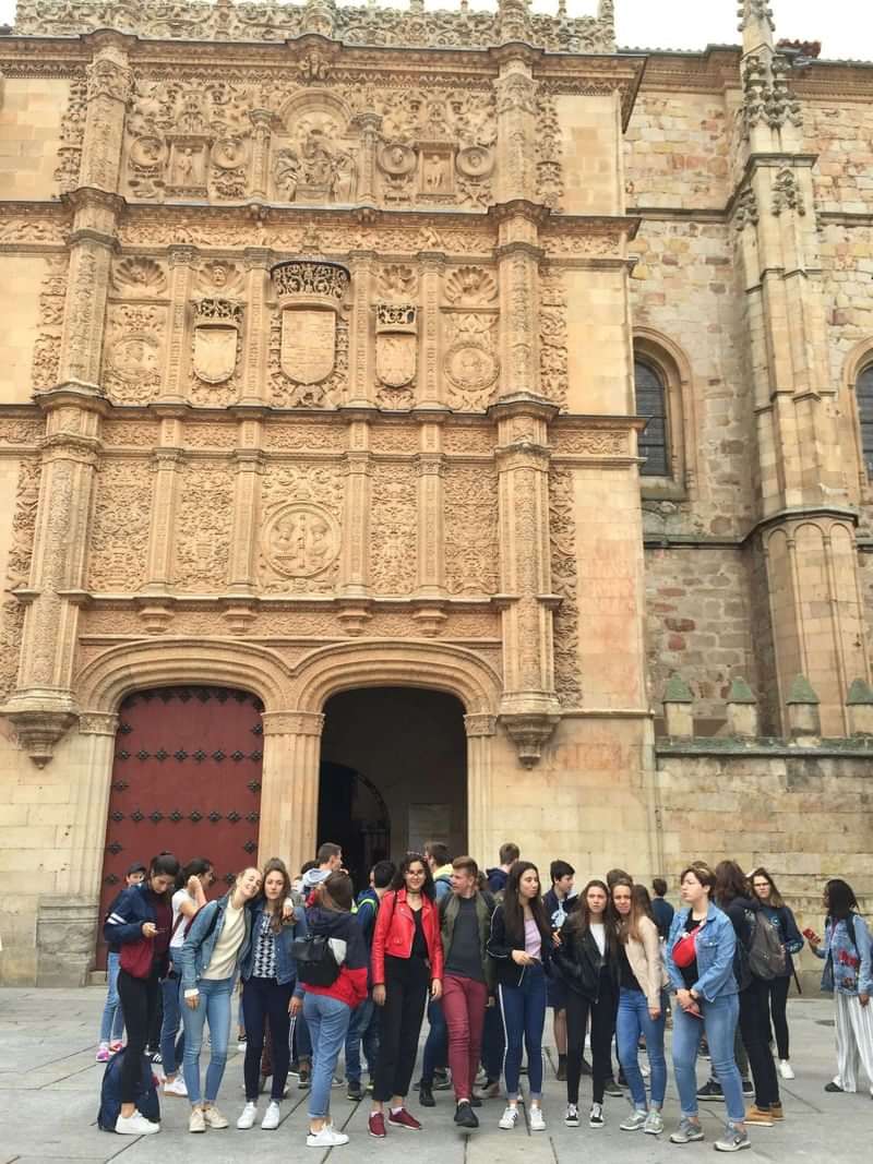 Historic university entrance in Spain, great for language immersion and learning.