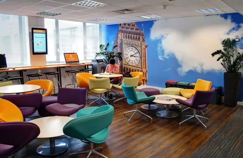 Colorful study area with London mural, ideal for language travel students.
