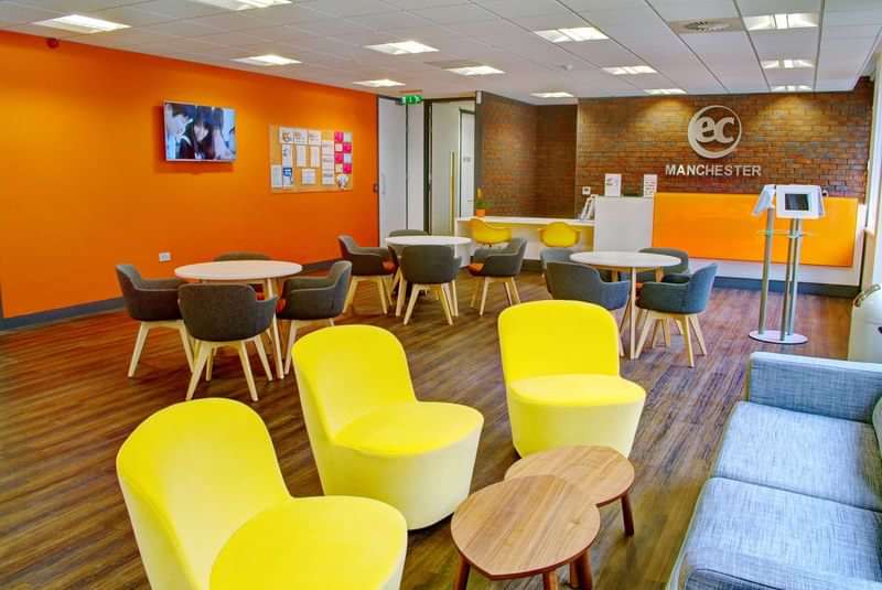 Modern language school lounge area in Manchester for students and visitors.
