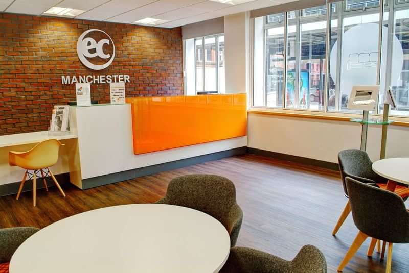 Modern language school reception area in Manchester. Bright, welcoming environment.