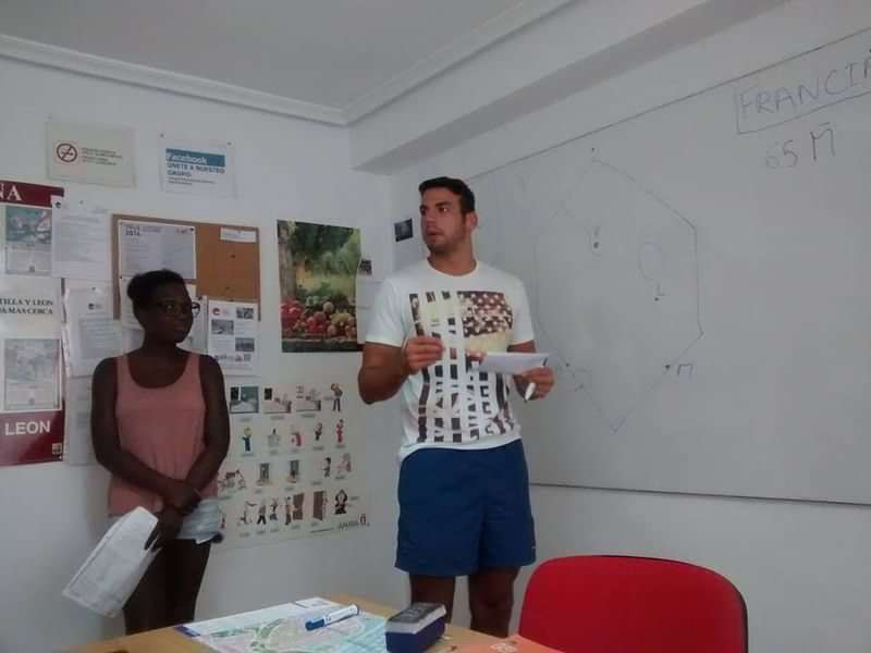 Language class presentation by students at a foreign language school.