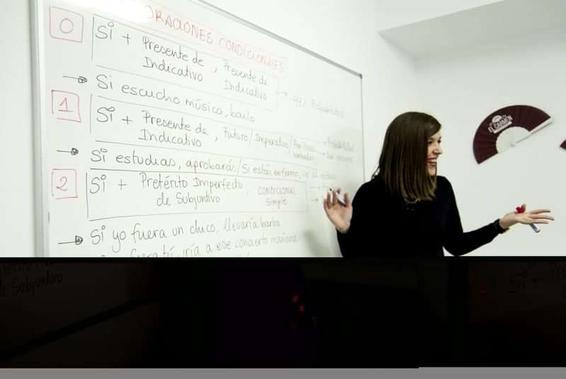 Teacher demonstrating Spanish grammar concepts on a whiteboard in classroom.
