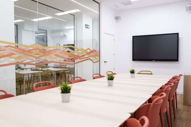 Modern classroom with long table, chairs, plants, and large TV.