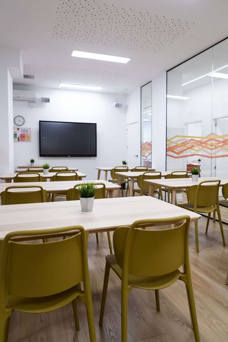 Modern classroom setup for language learning and travel.