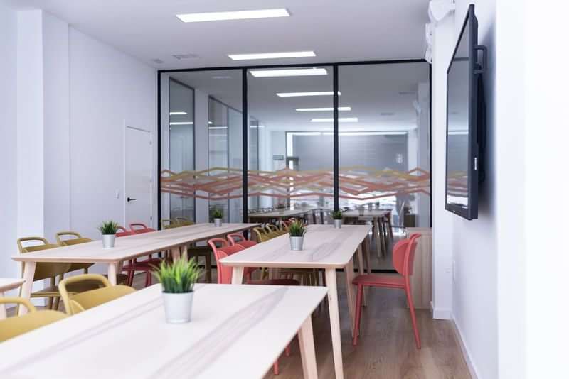 Language classroom with modern design, tables, chairs, and potted plants.