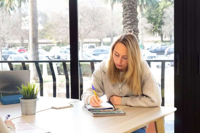 Student studying language materials in an outdoor café by the park.