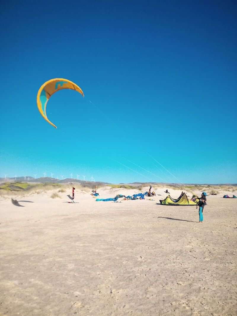 Kitesurfers on a sunny beach, perfect for adventure language travel.