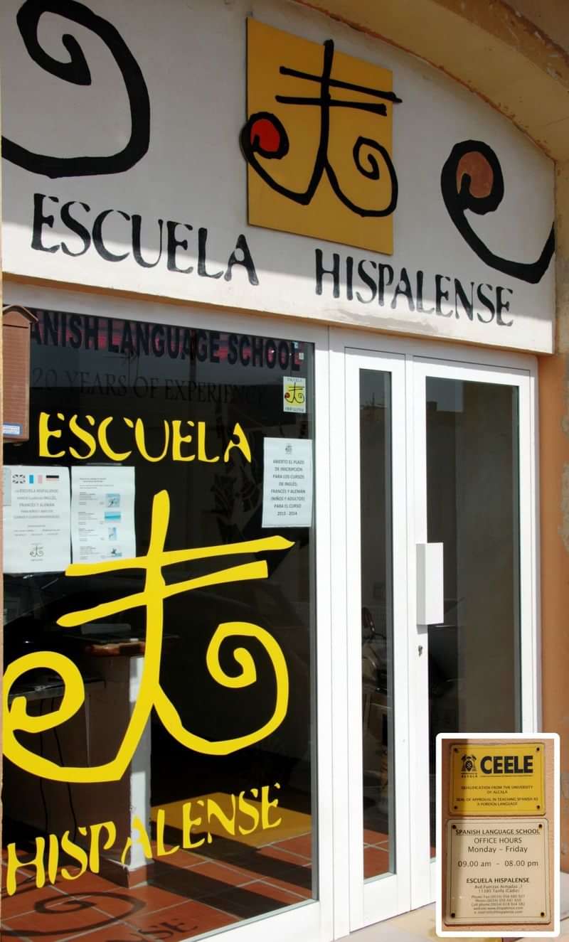 Spanish language school entrance named Escuela Hispalense with certification plaque.