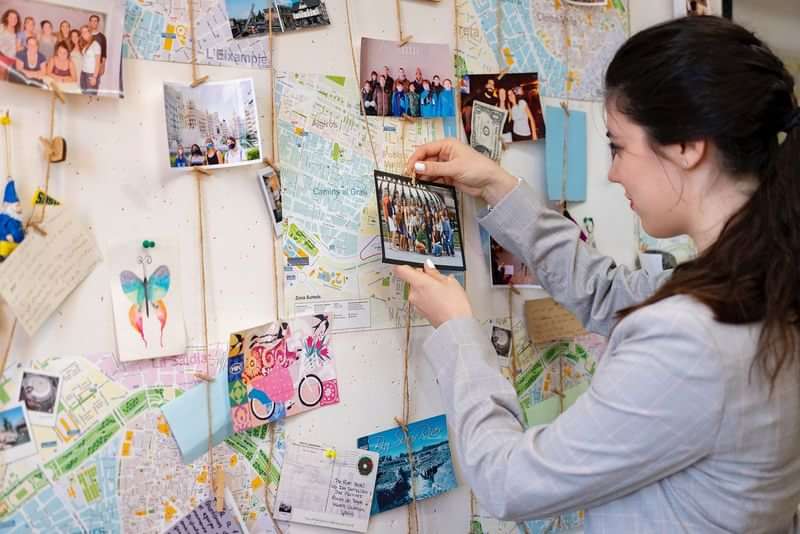Photos and maps pinned on board, showcasing travel experiences and memories.