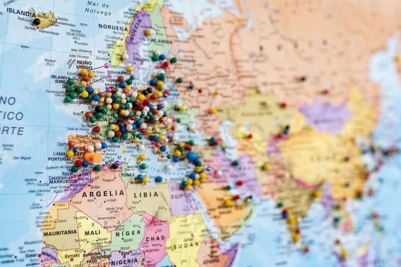 Map with pins indicating language travel destinations across Europe and Africa.