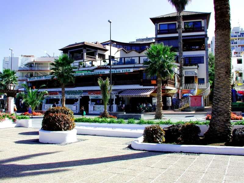 Restaurants en winkels aan een zonnig plein met palmbomen.