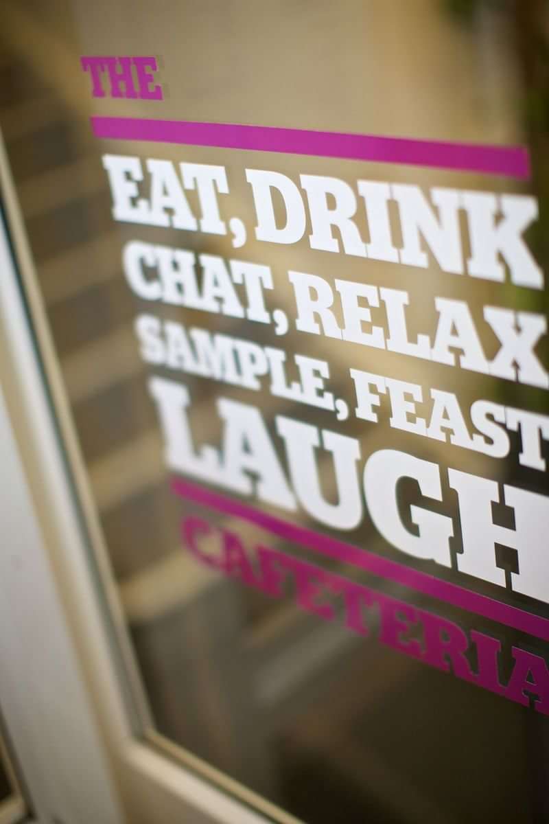 Chat, relax, sample, feast, laugh — words indicating a social, relaxed atmosphere.