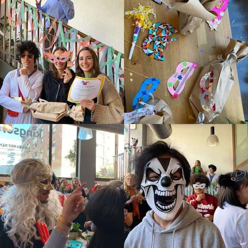 People celebrating with masks and certificates, engaging in cultural language exchange.