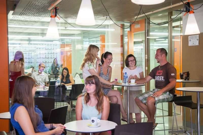 Students in a modern cafe, possibly discussing language travel plans or classes.