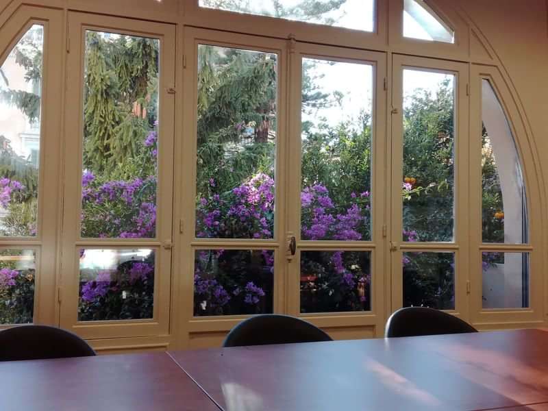 Bright meeting room with view of garden, ideal for language study sessions.