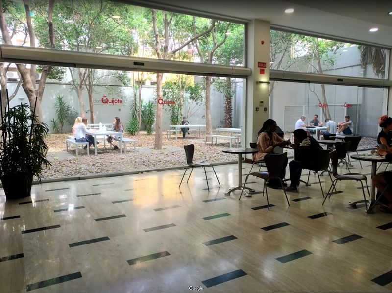 Café where travelers practice language skills in an outdoor-indoor setting.