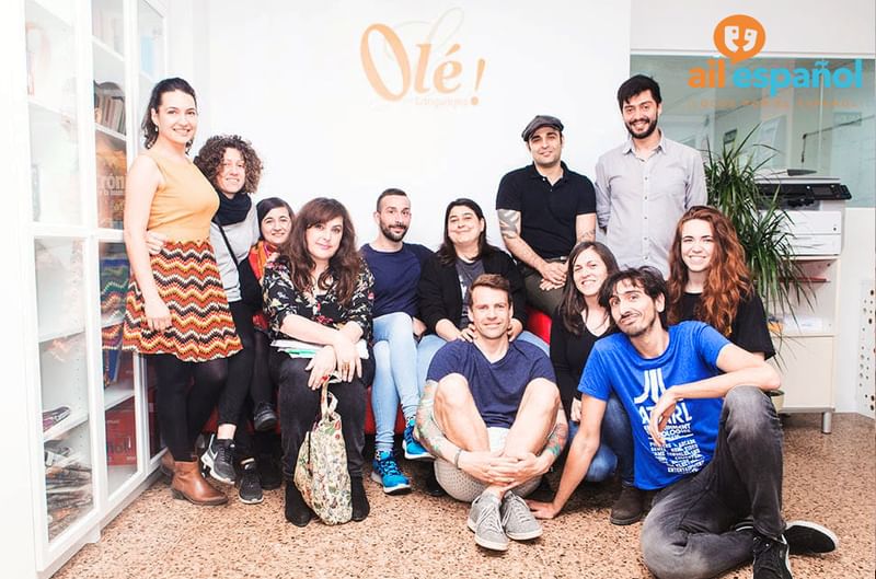 Group of language learners and teachers at Spanish language school.