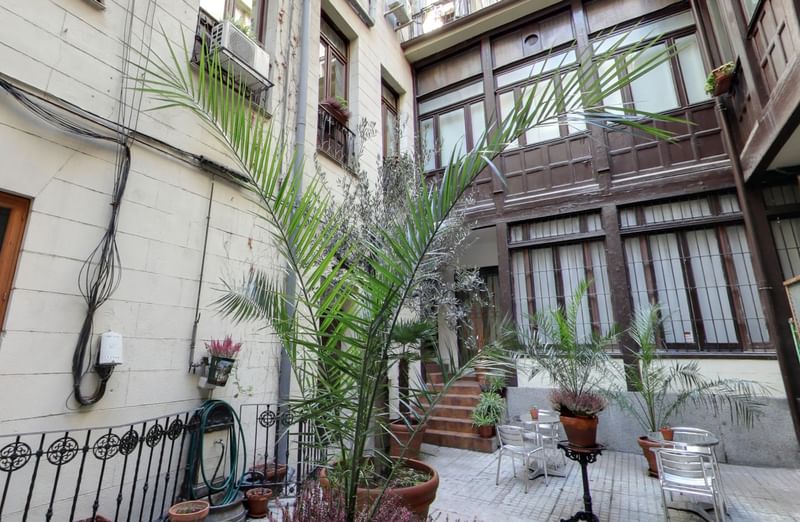 Courtyard with plants and traditional architecture; perfect for immersion in locale.