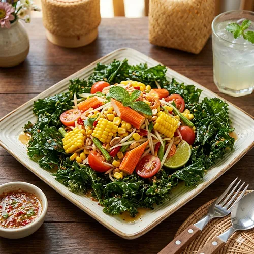 Sweet corn&imitation crab somtam with crispy Kale