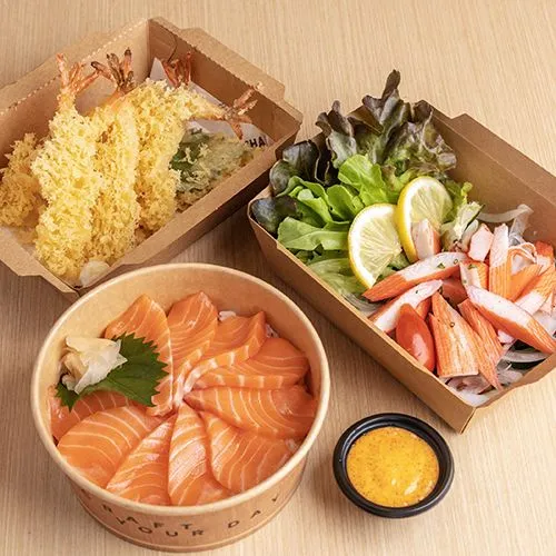 Salmon Don + Kani tataki Salad + Ebi tempura ฟรี Mentai Deip