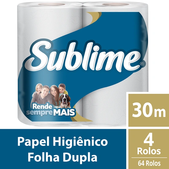 Papel higiênico folha dupla - fardo com 16 pacotes de 4 rolos de 30m cada.