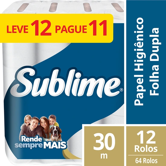 Papel higiênico folha dupla - fardo de 8 pacotes com 12 rolos de 30m cada.