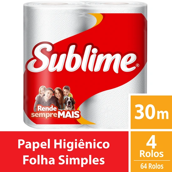 Papel higiênico folha simples - fardo de 16 pacotes com 4 rolos de 30m cada.