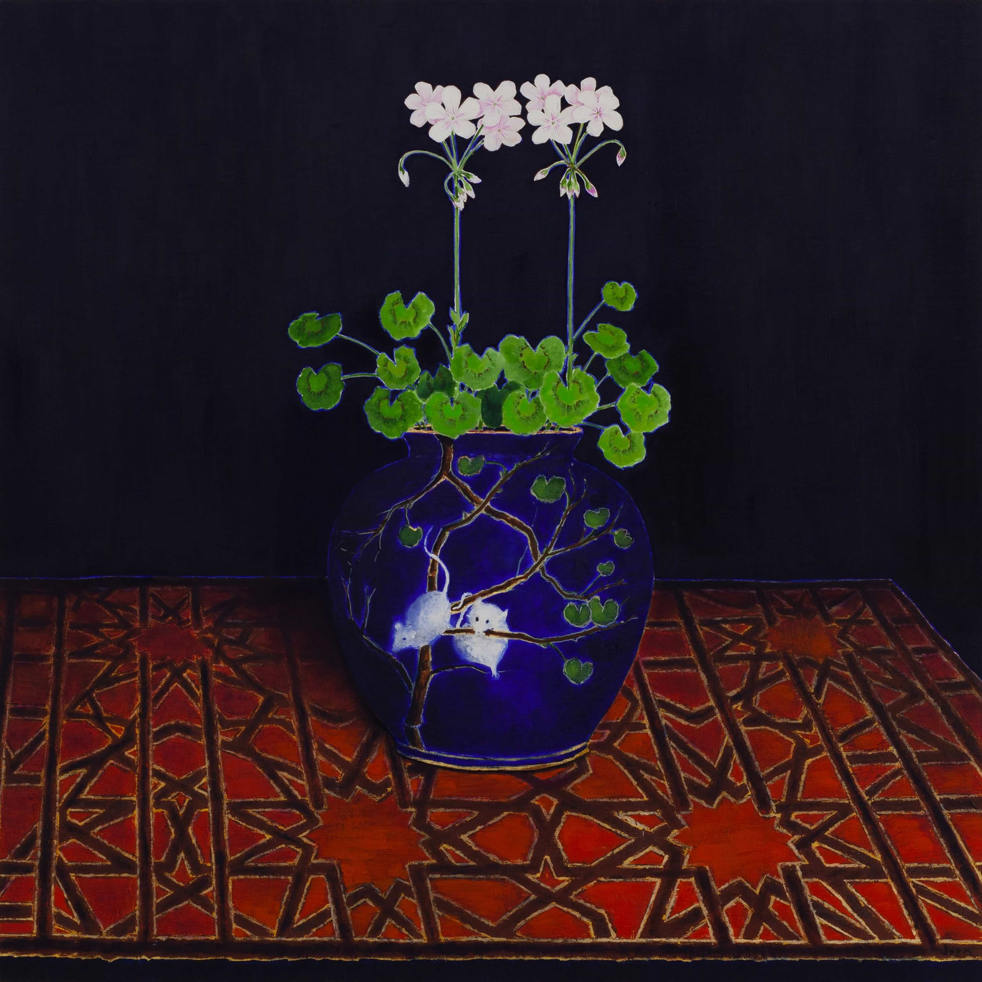 Gastenkamer Jorn van Leeuwen geraniums in vaas 60x60cm olieverf en bladgoud op berkenpaneel