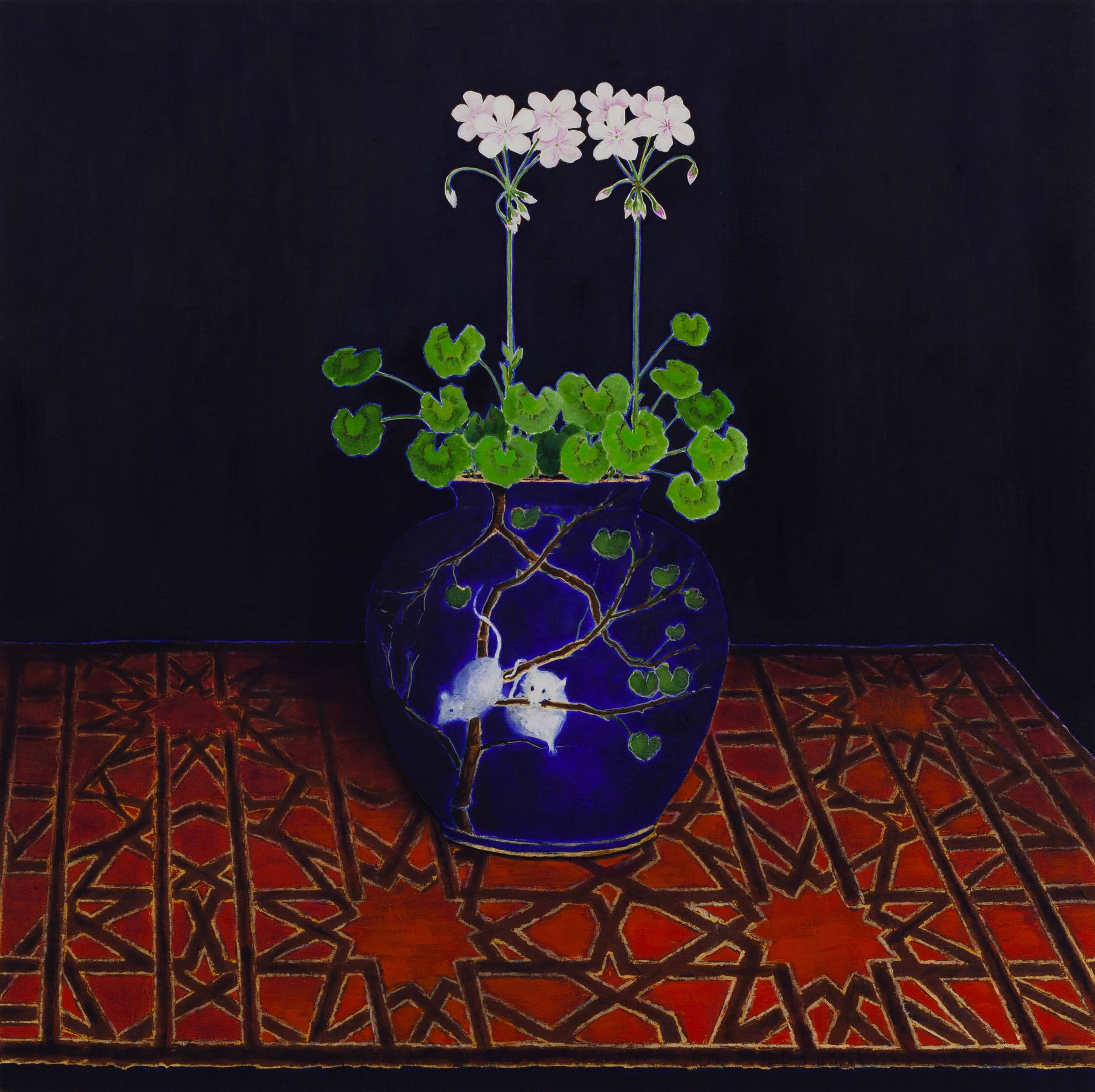 Gastenkamer Jorn van Leeuwen geraniums in vaas 60x60cm olieverf en bladgoud op berkenpaneel
