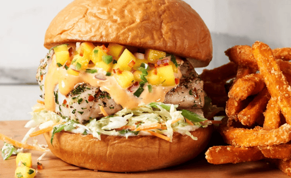 Might mango sandwich with a side of sweet potato fries