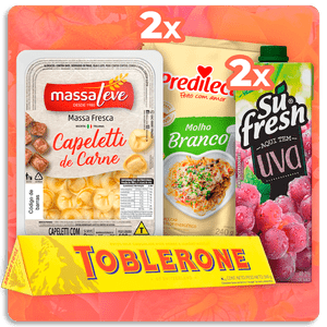 Capeletti de Carne Massa Leve + Toblerone 360g + Molho Branco Predilecta + Suco Su Fresh Uva 1L