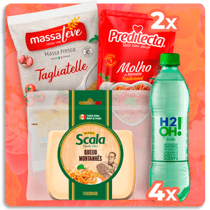 Queijo Montanhês Scala + Tagliatelle Massa Leve + Molho de Tomate Predilecta + H2OH! Limão 500ml