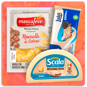 Queijo Minas Padrão Scala + Raviolli de Carne Massa Leve + Chocolate Laka Oreo