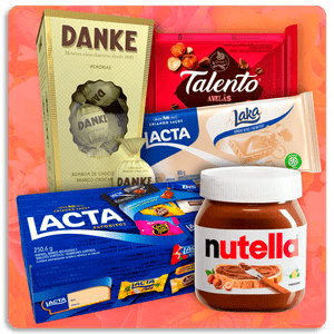 Caixa Bombom Lacta Favoritos + Talento Avelãs 85g + Bombom Branco Crocante Danke 162g + Chocolate Laka + Nutella 140g