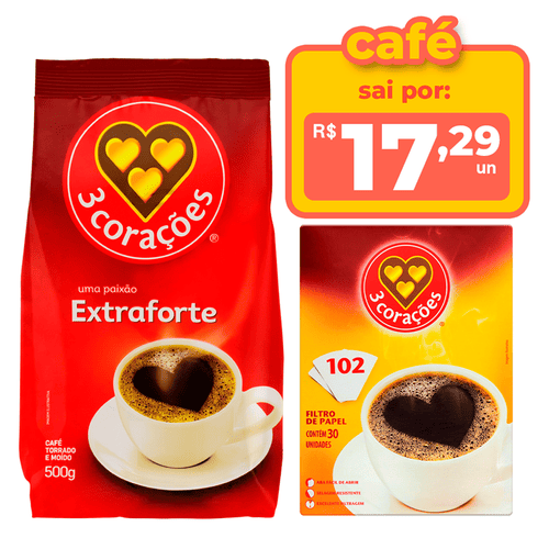 Café 3 Corações Extra Forte + Filtro de Papel 102 3 Corações