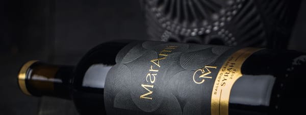 A bottle of MarAmi Syrah lying sideways on a black wooden table in front of a vase