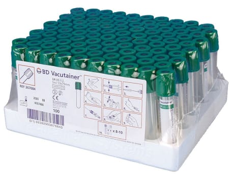 Vacutainer, glas, grøn, Li.hep., 5/4 ml