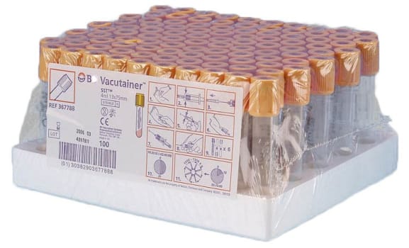 Vacutainer, glas m.gel til serum SSTanalyser, gul, silikoneret, 5/3,5 ml