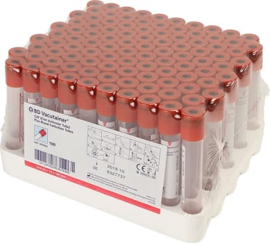 Vacutainer, glas til serumanalyser med skrivefelt, rød, plast, 10 ml