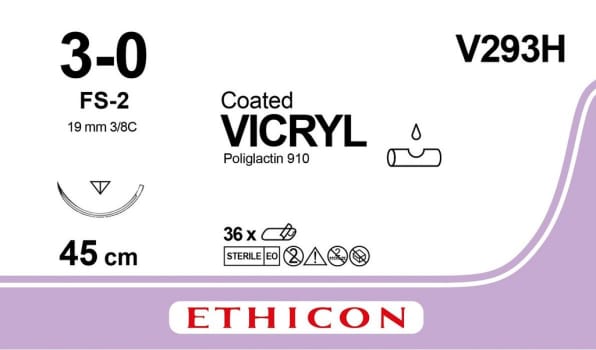 Ethicon Vicryl, sutur, ufarvet, 45 cm med FS-2 nål, steril, 3-0