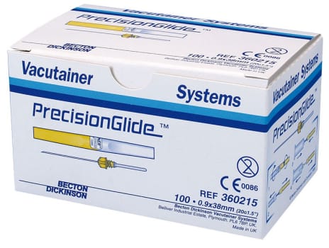 Vacutainer, kanyle med ventil, gul, steril, 0,9 mm x 38 mm