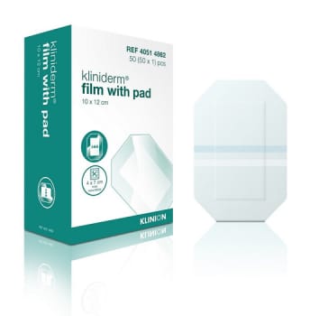 Kliniderm Film, med sårpude 4x7cm, steril, 10 cm x 12 cm