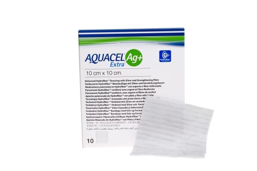 Aquacel Ag+ Extra, hydrofiber med sølv og forstærkede fibre, steril, 15 cm x 15 cm
