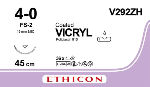 Ethicon Vicryl, Sutur, ufarvet, 45 cm med FS-2 nål, steril, 4-0