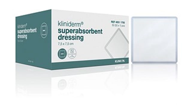 Kliniderm Superabsorberende, bandage med væskeafvisende bagside, steril, 7,5 cm x 7,5 cm