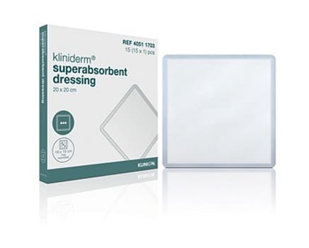 Kliniderm Superabsorberende, bandage med væskeafvisende bagside, steril, 20 cm x 20 cm