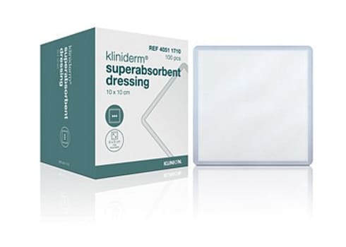 Kliniderm Superabsorberende, bandage med væskeafvisende bagside, usteril, 10 cm x 10 cm