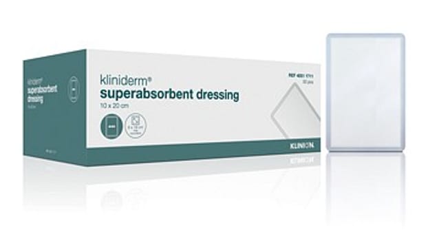 Kliniderm Superabsorberende, bandage med væskeafvisende bagside, usteril, 10 cm x 20 cm
